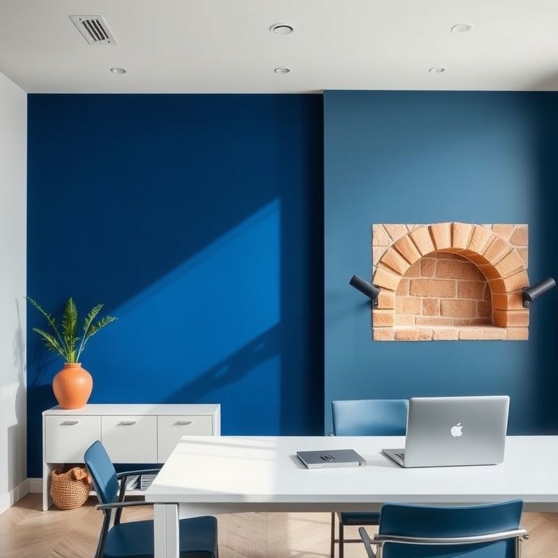 Minimalistički ured s indigo akcentnim zidom i prirodnim svjetlom